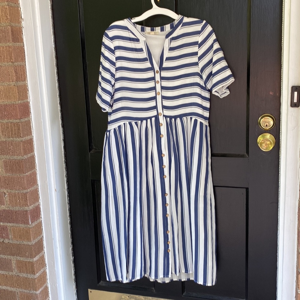 Hidden Alley Dress, blue white stripe, small